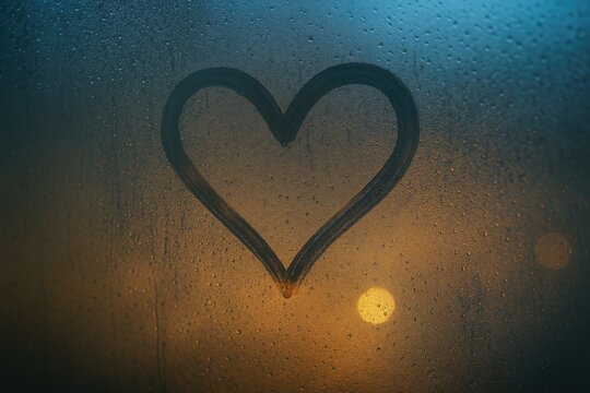 Intimate close-up of a love heart etched on a foggy, dew-covered window with shimmering city lights in the background