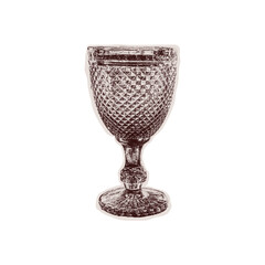 Trendy halftone collage of a goblet cut out an old newspaper. Isolated vector illustration grayscale retro sticker of glass with Bitmap and Dots texture. Vintage aesthetic, 80s - 90s vibe, nostalgic