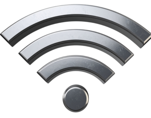 3d rendering of a metallic wifi symbol is floating on a transparent background, embod  