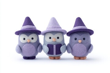Three whimsical felt owls in violet wizard hats, perfect for Hoot Owl Festival and wool craft aficionados, conjure playful enchantment