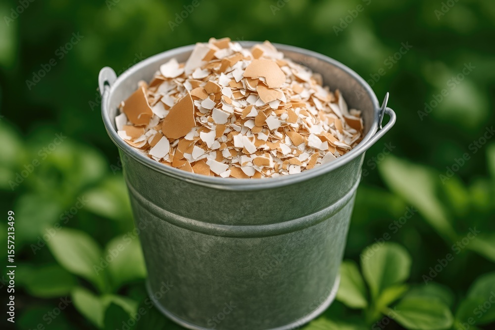 Aufkleber gathering eggshell fragments in a container for garden use. detailed view of broken eggshells.
