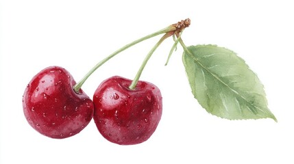 Juicy twin cherries glisten beside a singular leaf, evoking Hanami picnics and the whimsical Cherry Pit Spitting Day