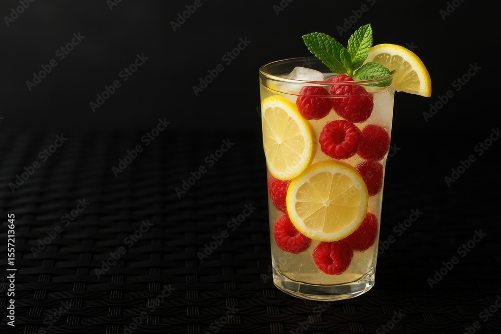 Poster juicy and cool raspberry lemonade displayed on a dark wicker table, perfect for adding your message