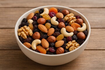 Assorted dried fruits and nuts served in a bowl on a wooden surface
