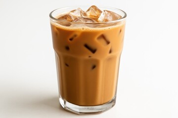 Iced coffee beverage with ice cubes on a plain white backdrop