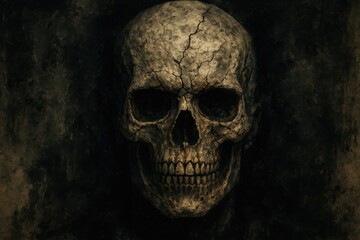 Digital artwork showcasing a detailed close-up of a fractured and damaged human skull with paint effects