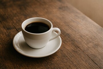 A cozy coffee mug resting on a wooden surface illuminated by sunlight with space for text