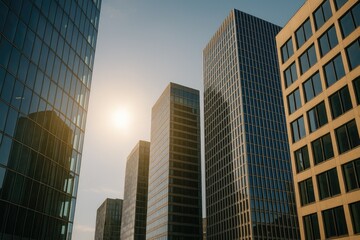 Obraz premium Contemporary urban skyscrapers illuminated by sunlight