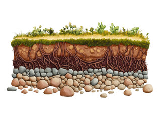 Detailed cutout of soil layers with plants and rocks transparent background png for nature illustrations