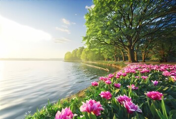 Tulips on the lake in the morning. Spring landscape.