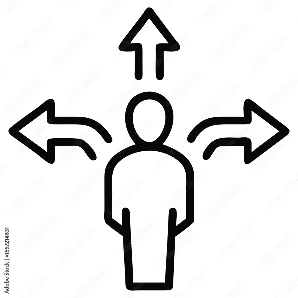 Poster decision making line art showing person with arrows pointing different directions