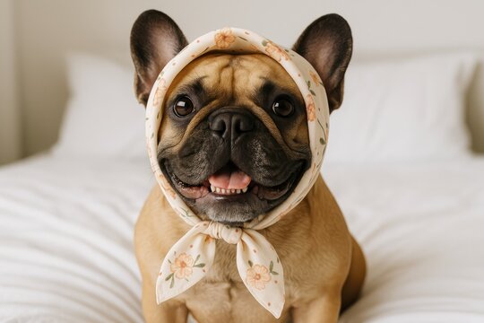 Close-up of a French Bulldog wearing a headscarf lying on a white bed