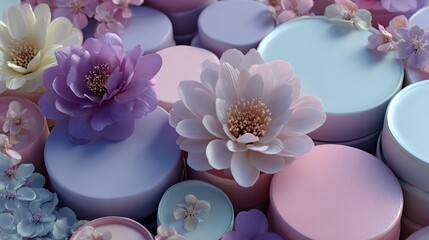 Elegant Floral Illustration with Pink and Blue Blossoms in a 3D Style on a Soft Blue Background. Perfect for Nature-Inspired Designs, Wallpapers, Textiles,