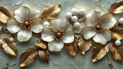 Fototapeta premium Detailed floral design with gold leaves and white flowers.