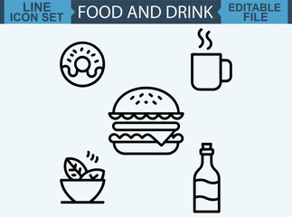 Minimalist food icons, black and white line drawings, café and bakery items, croissant, potted plant, milk bottle, drink cup, bowl, cocktail glass, hot dog, coffee cup, baguette, to-go cup, mug 