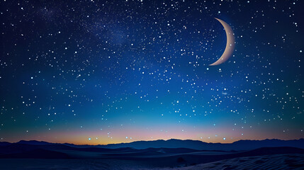 A crescent moon shines brightly in a starry night sky over a dark mountain range landscape scene