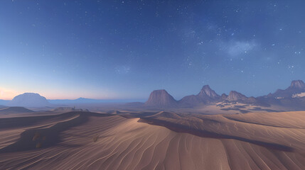 Naklejka premium A desert landscape with sand dunes and mountains under a starry blue sky at dusk or dawn time