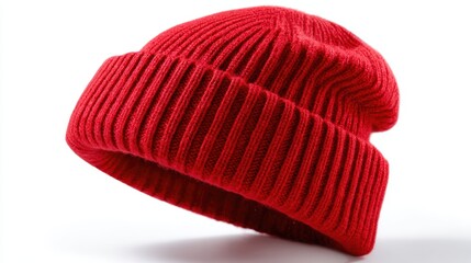 Red woolen beanie hat isolated on white background