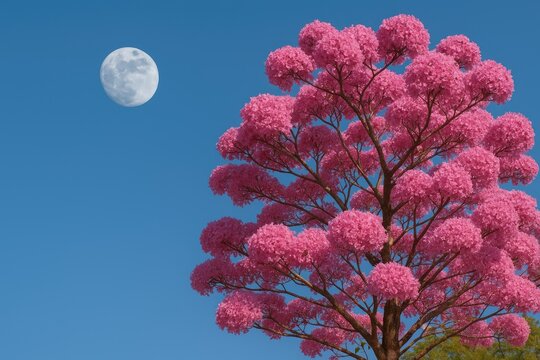 Blooming pink lapacho tree beneath the moonlight