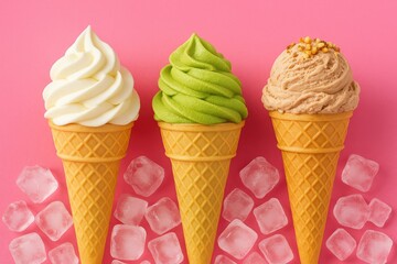 Creamy ice cream cones with vanilla, matcha, and nut flavors set against a pink backdrop
