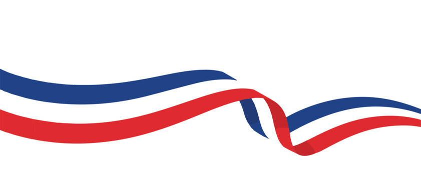 Red, white, and blue waving ribbons on white background representing patriotism, freedom, and celebration with elegant flow