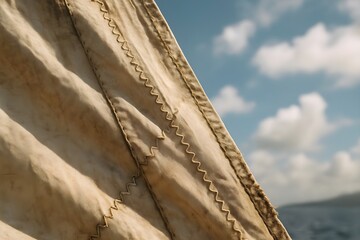 Zigzag stitched edge of canvas sail with open sea and sky in the background, marine craftwork and detail from classic sailboat