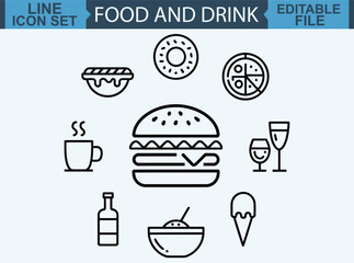Minimalist food icons, black and white line drawings, café and bakery items, croissant, potted plant, milk bottle, drink cup, bowl, cocktail glass, hot dog, coffee cup, baguette, to-go cup, mug 
