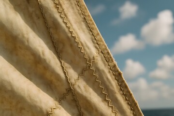 Close-up of sail fabric with zigzag stitching pattern and cloudy sky background, highlighting seam texture and traditional nautical textile