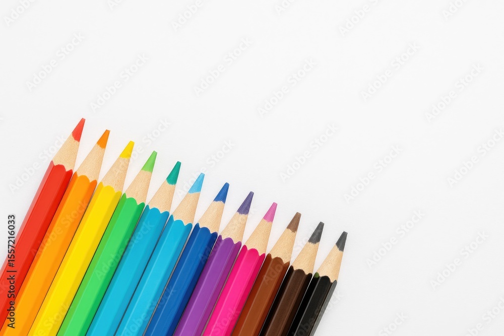 Poster detailed view of color pencils on a white background with ample space for text