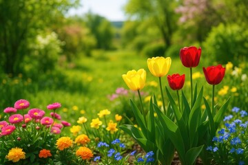 Blooming blossoms in a rural springtime garden