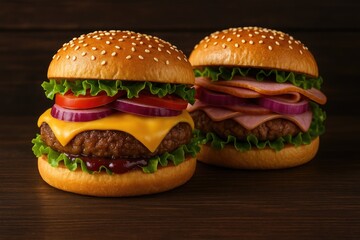 Delicious homemade cheeseburgers featuring beef and ham with fresh vegetables and savory sauce on a rustic wooden surface