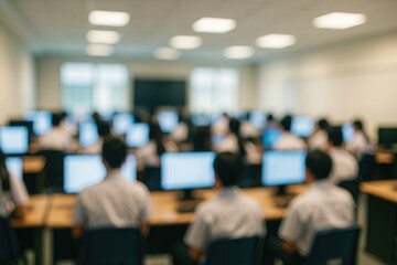 Fototapeta premium Blurred image of a student working on a computer in a classroom setting