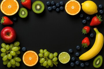 Vibrant fruit border on a dark background with space for messaging