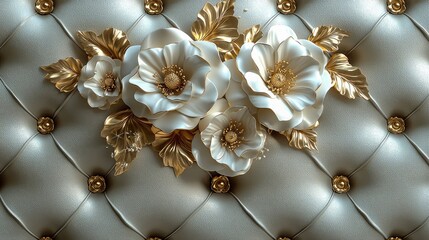 Ornate white flowers with gold accents on a tufted background.