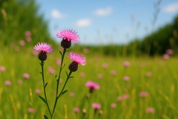 Detailed view of vibrant pink blossoms in a grassy field during a sunny summer day