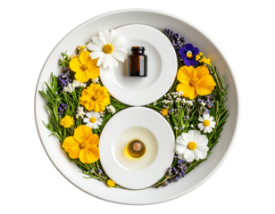 Yin Yang Spa Bowl with Floating Flowers and Oil, Transparent Background