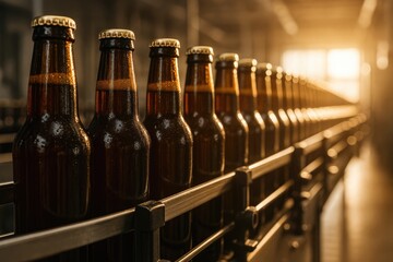 Close-up of sealed beer bottles on the manufacturing conveyor under natural light at a craft brewery