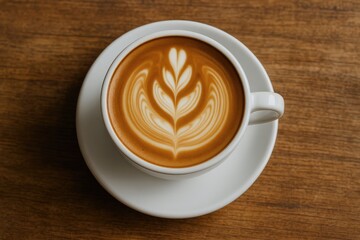 White ceramic mug featuring a leaf design on a rustic wooden surface