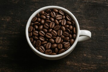 Fototapeta premium Coffee beans arranged in a cup on a rustic wooden surface