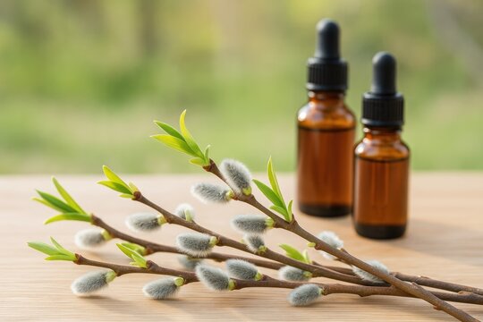 Detailed view of new willow shoots and buds alongside herbal tincture bottles in the background
