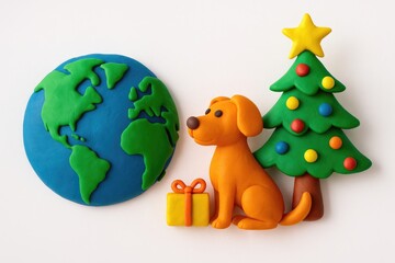 Obraz premium Plasticine sculpture of a dog and a Christmas tree