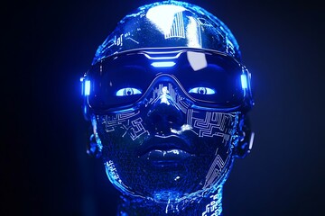 A futuristic digital human avatar wearing high-tech VR glasses, featuring glowing holographic circuit patterns and visible human-like eyes embedded within a sleek, cybernetic helmet.