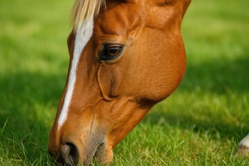 Obraz premium Detailed view of a horse's eye while grazing on grass