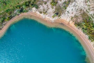 Aerial view of a quarry lake in the Hessisch Ried region near Geinsheim