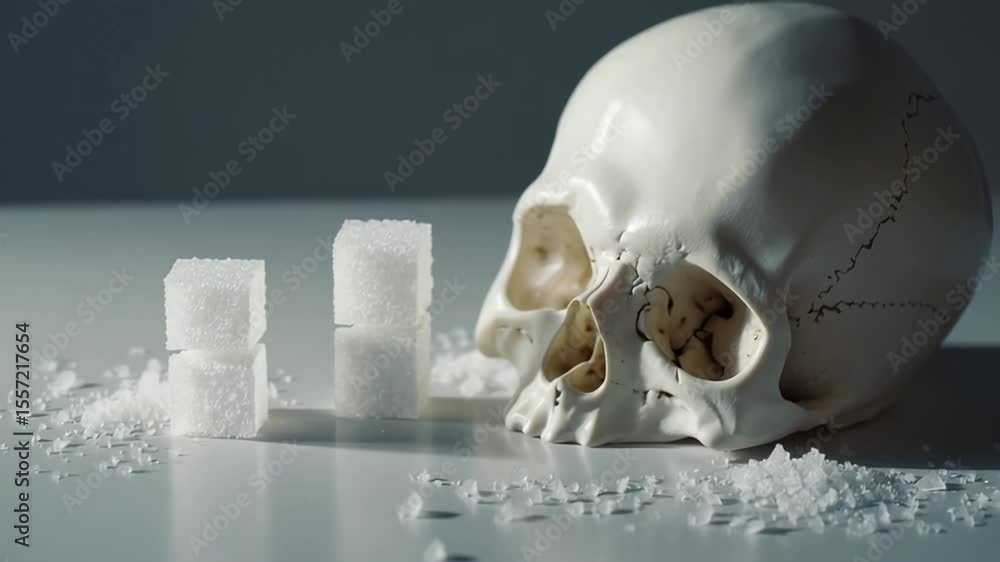 Poster pale human skull resting beside sugar cubes and scattered granules, visualizing nutritional danger a