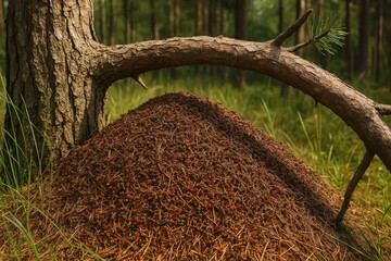 Fototapeta premium Artistic landscape shot of numerous woods ants constructing a new nest beneath an fallen pine branch