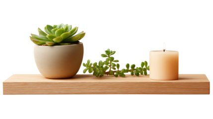 Floating wooden shelf with small green succulent plant and candle, isolated on white background, PNG 