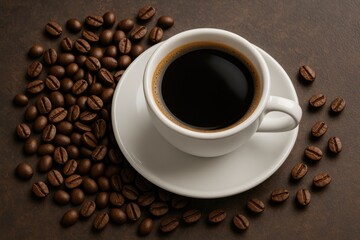 Fototapeta premium A steaming cup of coffee accompanied by beans on a textured surface