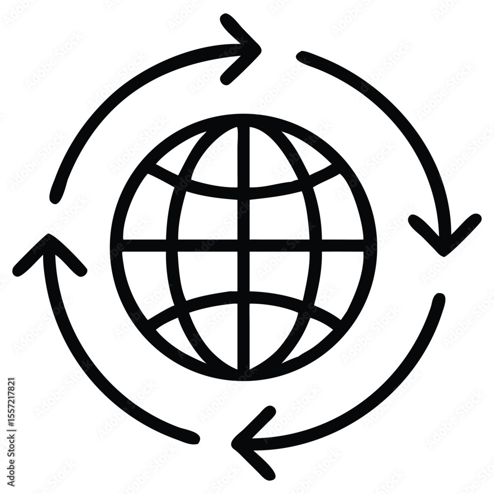 Poster global circulation icon, earth globe outline with circular arrows indicating rotation