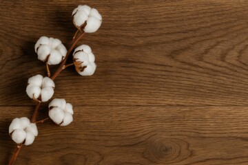 Fototapeta premium Wooden surface with a cotton branch seen from above